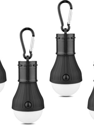 LED Camping Tent Lantern, Portable Outdoor Waterproof Emergency Light Bulb, Battery Powered with Clip Hook, Super Bright, for Hiking, Party，Camping, Fishing, Power Failure (4 Packs, Black )