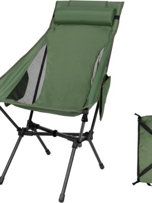 Portable High Back Camping Chair, Support Heavy Duty 440 lbs, Compact Folding Backpacking Chair with Detachable Pillow for Camp, Hiking, Backpacking(Green)