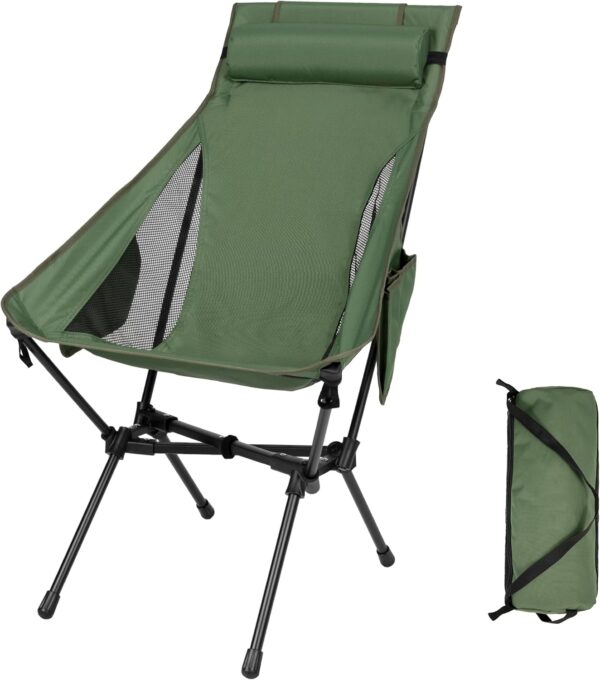 Portable High Back Camping Chair, Support Heavy Duty 440 lbs, Compact Folding Backpacking Chair with Detachable Pillow for Camp, Hiking, Backpacking(Green)