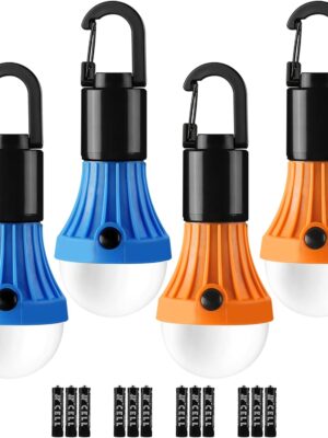 LED Camping Lantern, Camping Essentials, 3 Lighting Modes, Hanging Tent Light Bulbs with Clip Hook for Camping, Hiking, Hurricane, Storms, Outages, Collapsible, Batteries Included, 4 Packs