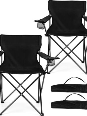 Foldable Camping Chair Set of 2, Folding Camp Chairs for Adults, Large Portable Lawn Chair for Outdoors Fishing, Hiking, Travel, Picnic, Beach, Supports 275lbs & Include Storage Bags (Black)