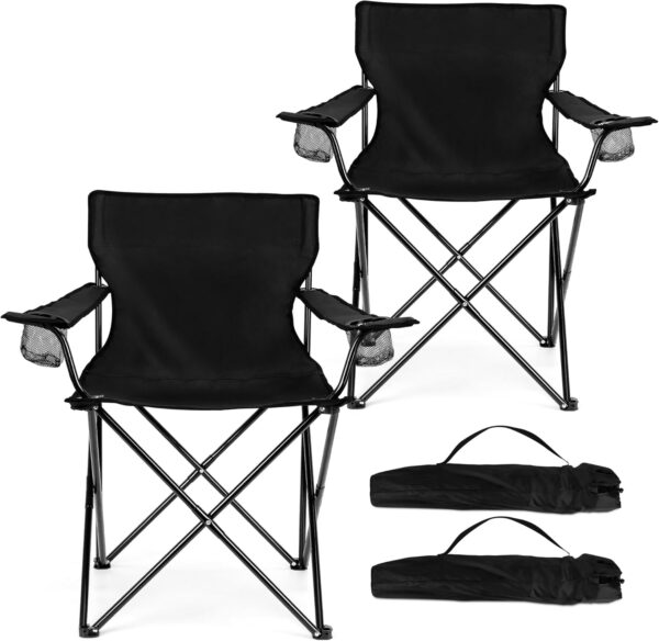 Foldable Camping Chair Set of 2, Folding Camp Chairs for Adults, Large Portable Lawn Chair for Outdoors Fishing, Hiking, Travel, Picnic, Beach, Supports 275lbs & Include Storage Bags (Black)