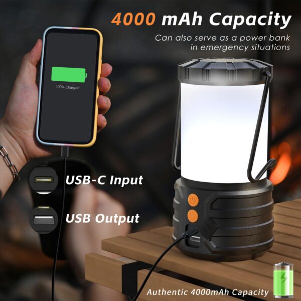 LED Rechargeable Camping Lantern, IPX4 Water Resistant Tent Light, Camping Essentials, 4000 mAh Capacity, 3 Lighting Modes, Lanterns for Power Outages, Emergency, Hurricane