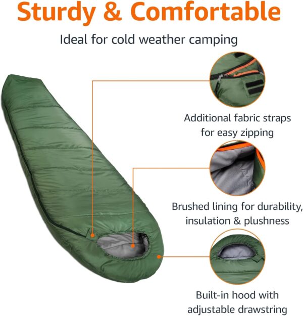 Sleeping Bag for Adults, Mummy Style, Cold Weather, Olive Green