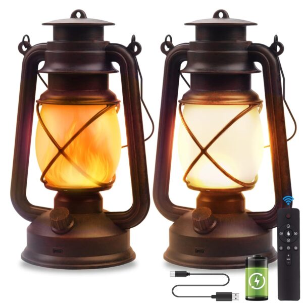 Vintage Lantern LED Battery Powered Camping Lamp Outdoor Hanging Lantern Flickering Flame Rechargeable Retro Lanterns Remote Control 4 Modes Light Non-Solar 2 Pack