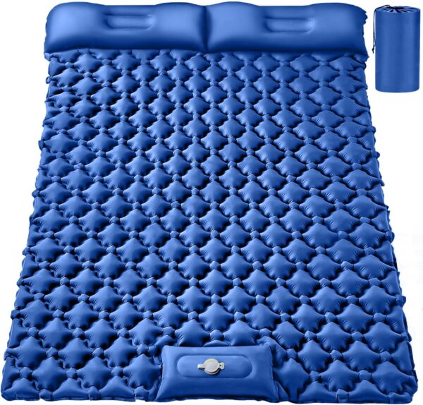 Double Sleeping Pad, Ultralight 4" Extra-Thick Self Inflating Sleeping Mat for 2 Person with Pillow Built-in Foot Pump Portable Camping Mat for Backpacking, Hiking (Blue)